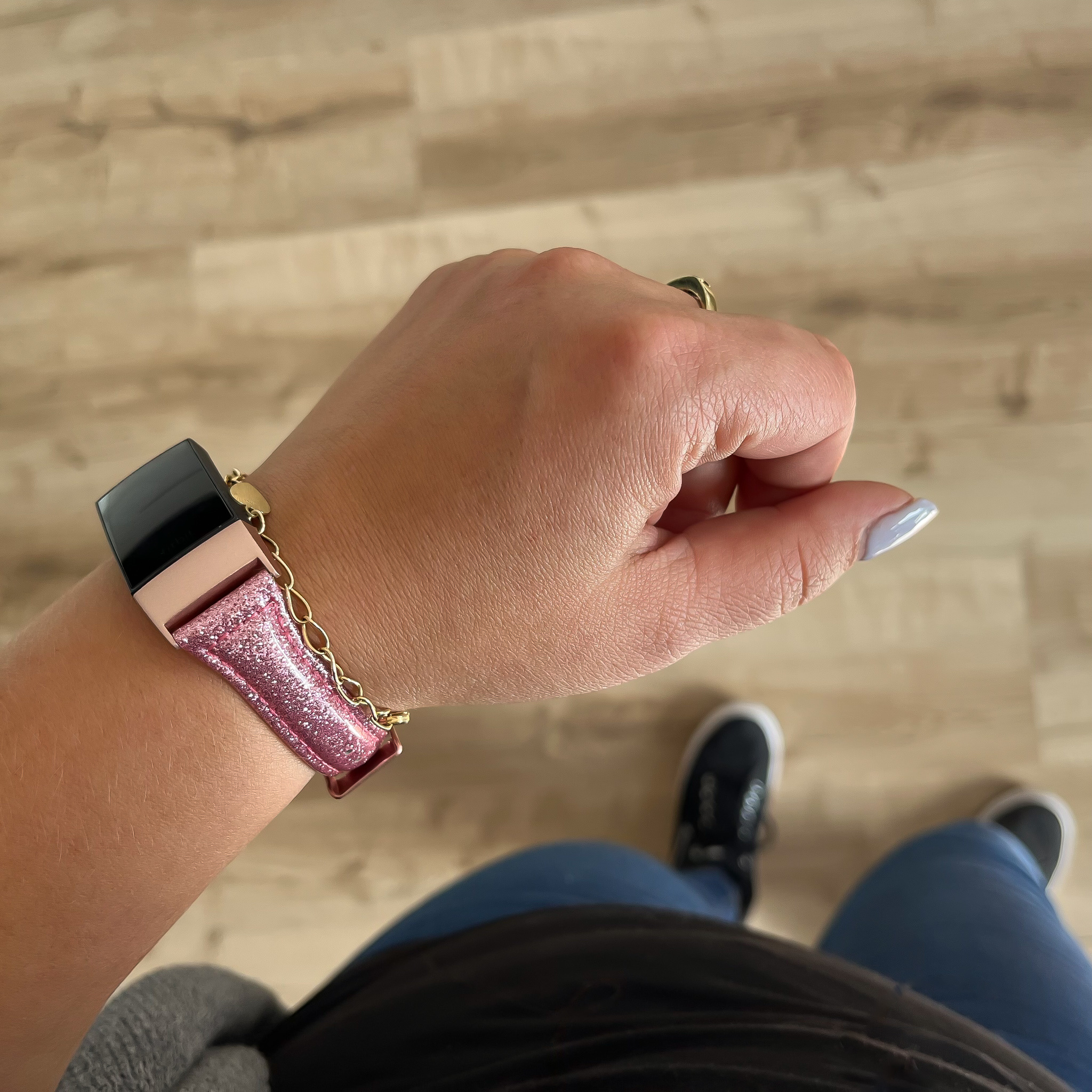 Fitbit Charge 3 &amp; 4 bőrből készült csillogó szalag - rózsaszín